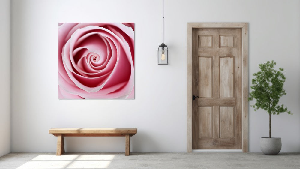 Das Bild 'La vie en Rose' ist in einem stilvollen Eingangsbereich  mit neutralen Wänden und einer gemütlichen Einrichtung platziert. Die ausdrucksstarke Marktofotografie mit seinen rosafarbenen Tönen und dynamischen Linien wird von einer warmen Beleuchtung hervorgehoben, während es eine beruhigende und inspirierende Atmosphäre im Raum schafft